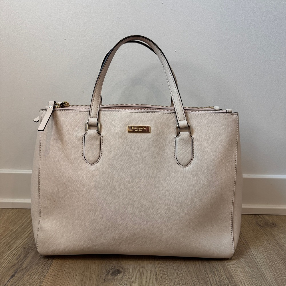 Kate Spade New York Beige Saffiano Leather Triple Compartment Satchel Bag EUC
